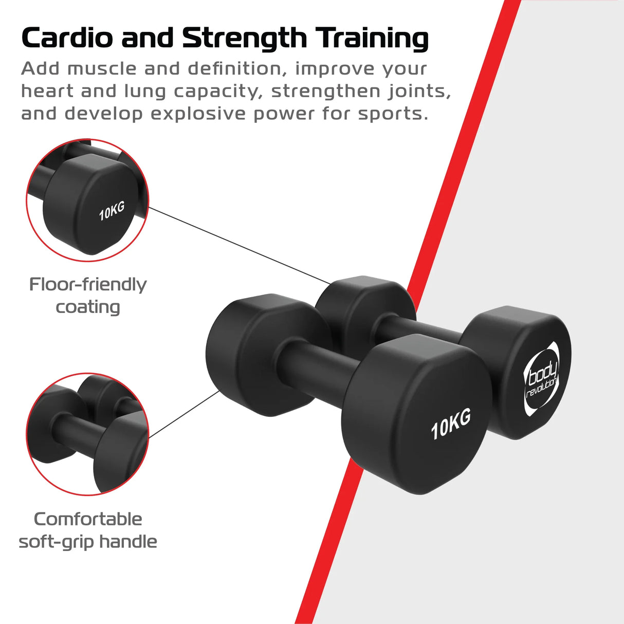 Black 10KG neoprene dumbbells with soft-grip handles, designed for strength training and cardio, featuring a floor-friendly coating