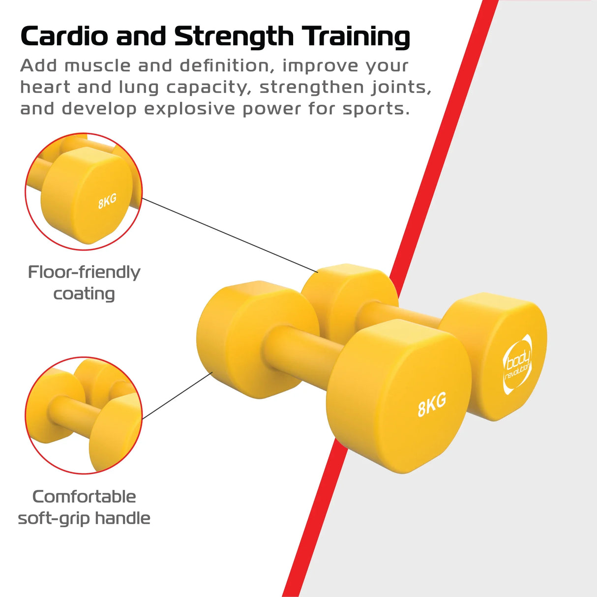 Bright yellow 8KG neoprene dumbbells with a soft-grip handle, designed for strength training and cardio workouts, featuring a floor-friendly coating