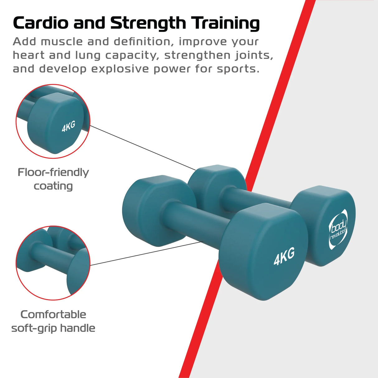 Turquoise 4KG neoprene dumbbells with a soft-grip handle and floor-friendly coating, ideal for strength training and cardio workouts