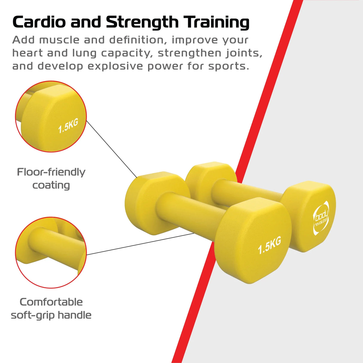Bright yellow 1.5KG neoprene dumbbells with a soft-grip handle and floor-friendly coating, ideal for strength training and fitness workouts
