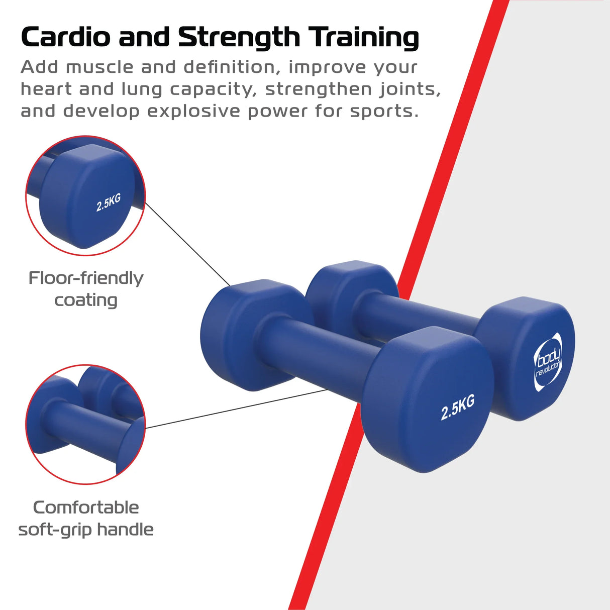 Blue 2.5KG neoprene dumbbells with soft-grip handles, featuring a floor-friendly coating for effective strength training