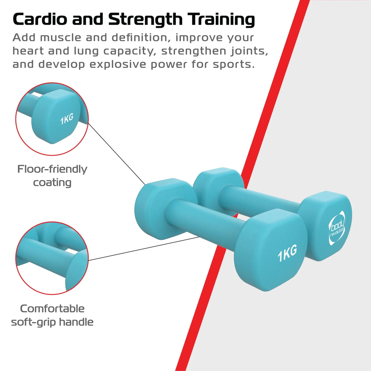 Bright blue 1KG neoprene dumbbells with soft-grip handles, featuring a floor-friendly coating for effective strength training