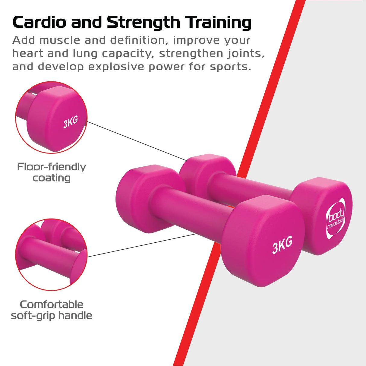 Bright pink 3KG neoprene dumbbells with a soft-grip handle and floor-friendly coating, ideal for strength training and cardio workouts