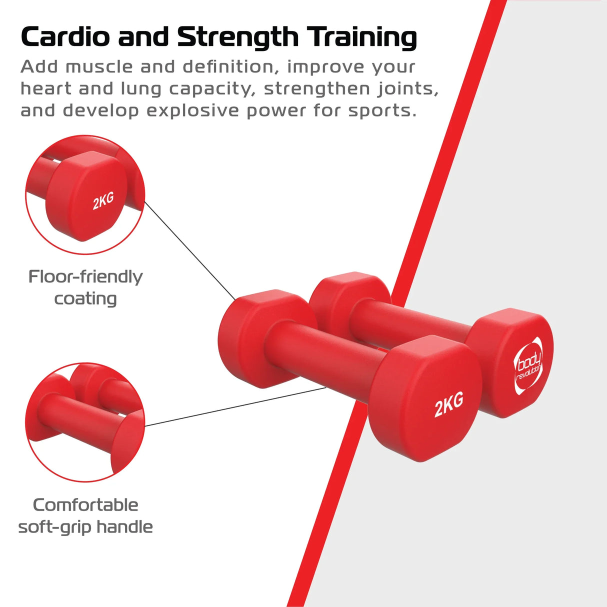 Red 2 x 2KG neoprene dumbbells with soft-grip handles, featuring a floor-friendly coating for effective strength training