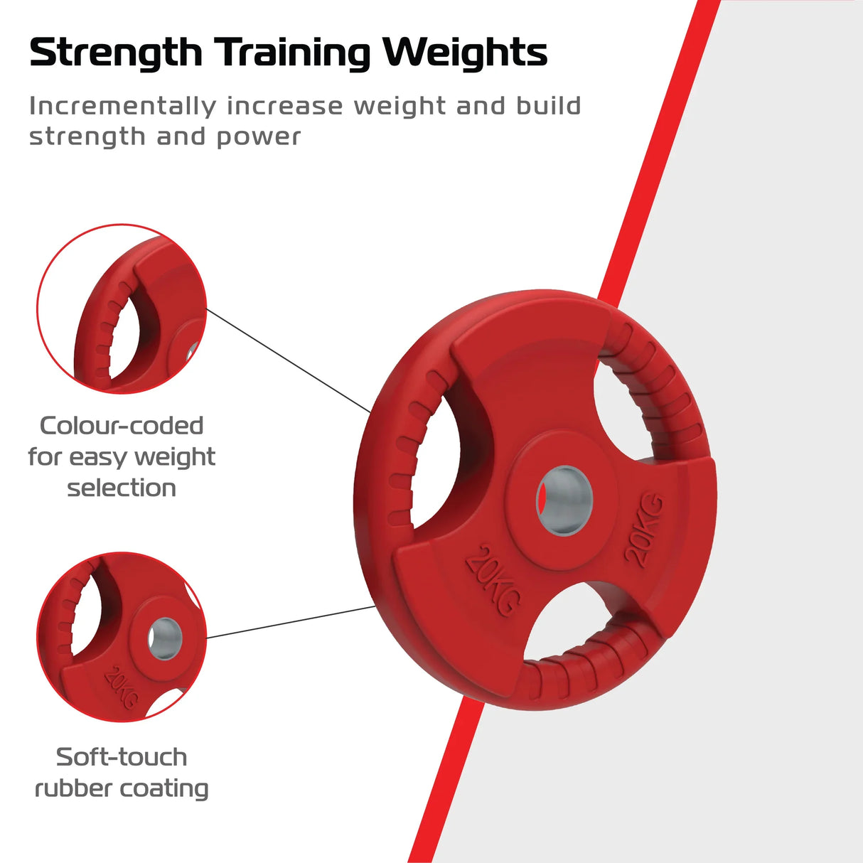 20kg tri grip color rubber Olympic weight plate in vibrant red with soft-touch texture and easy-to-grip design