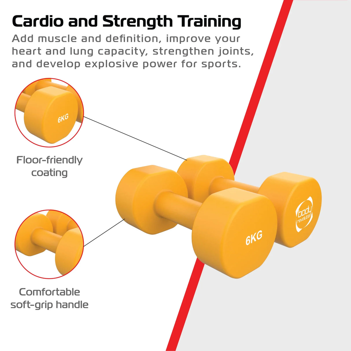 Bright orange 6KG neoprene dumbbells with a soft-grip handle and floor-friendly coating, ideal for strength training and fitness workouts