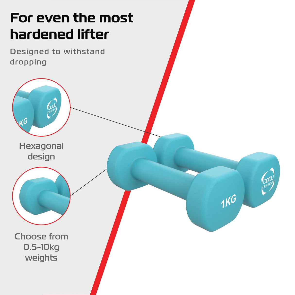 Bright blue 1KG neoprene dumbbells with a hexagonal design, ideal for strength training and easy to grip, perfect for home workouts