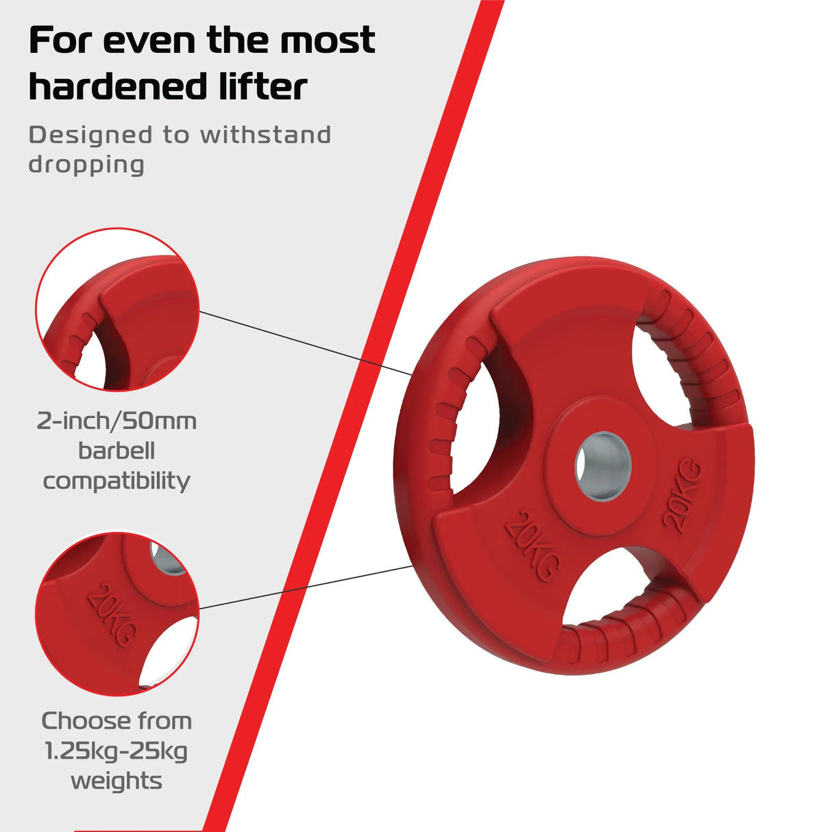 Red 20kg tri grip rubber Olympic weight plate with textured grip and 2-inch center hole, designed for durability and...