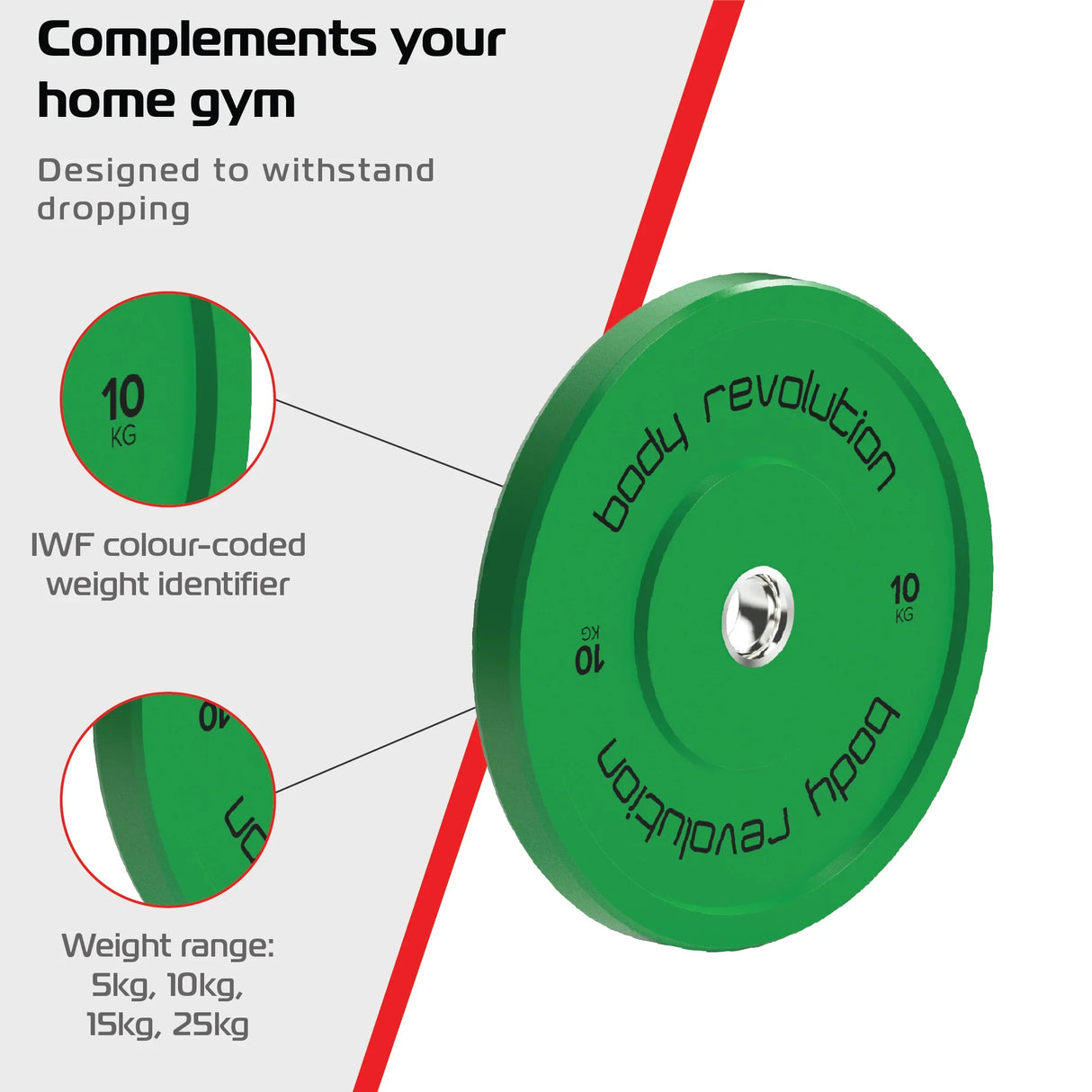 Green 10kg Olympic bumper plate with IWF color coding, durable design for home gym use, featuring a central steel hub and textured surface