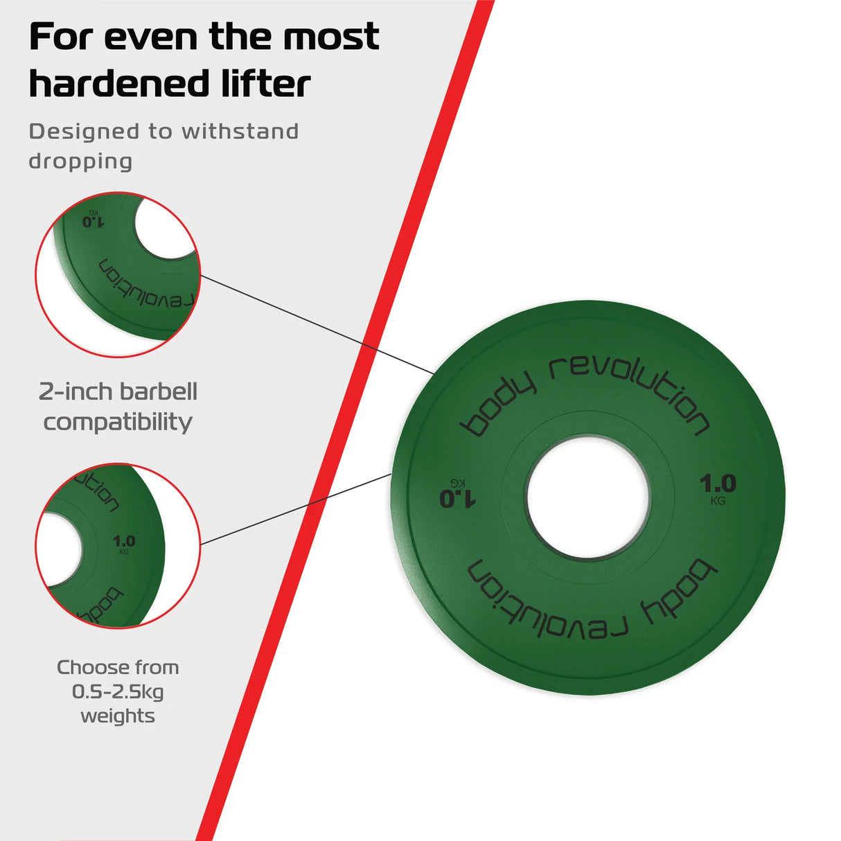 Green 1kg fractional bumper plate with a textured surface, designed for 2-inch barbells, showcasing durability and weight options