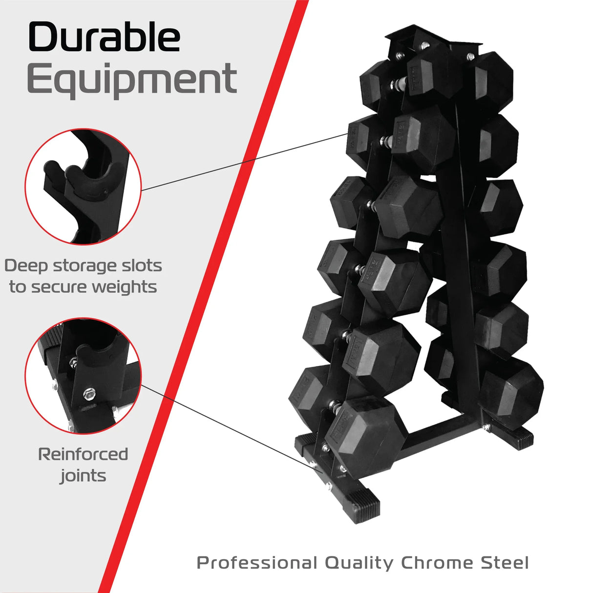 6-tier dumbbell weight rack with black chrome steel construction, deep storage slots, and reinforced joints for stability and organization