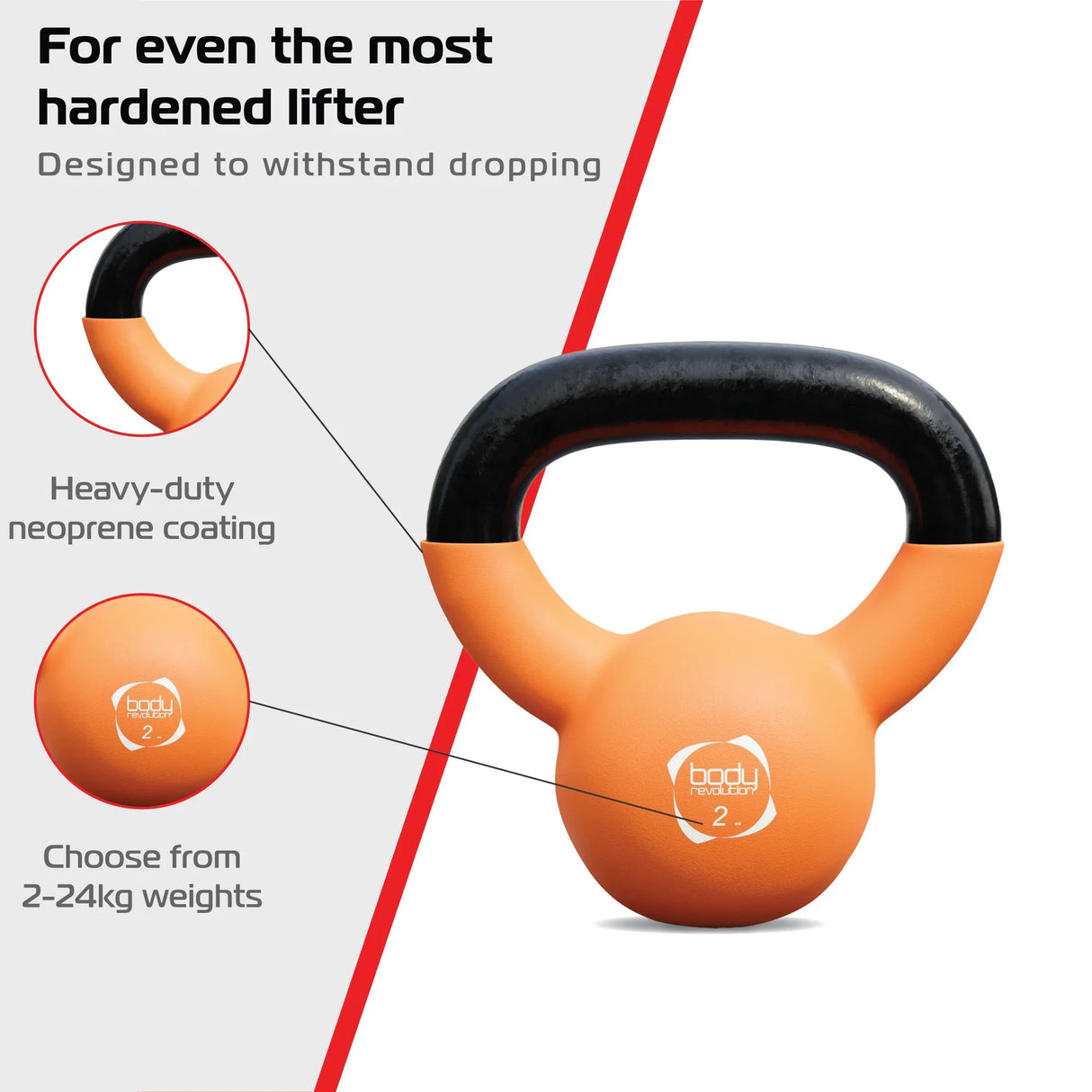 Body Revolution 2kg neoprene kettlebell in vibrant orange with a sturdy black handle, designed for durability and easy grip