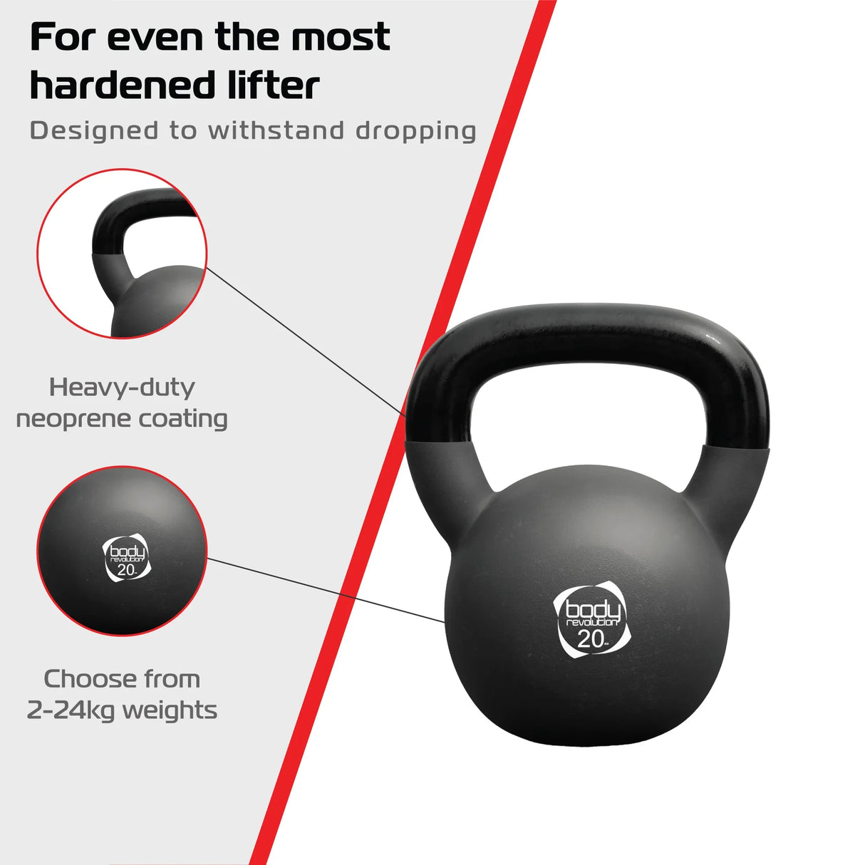 20kg Body Revolution kettlebell with heavy-duty neoprene coating, durable design, and ergonomic handle for secure grip