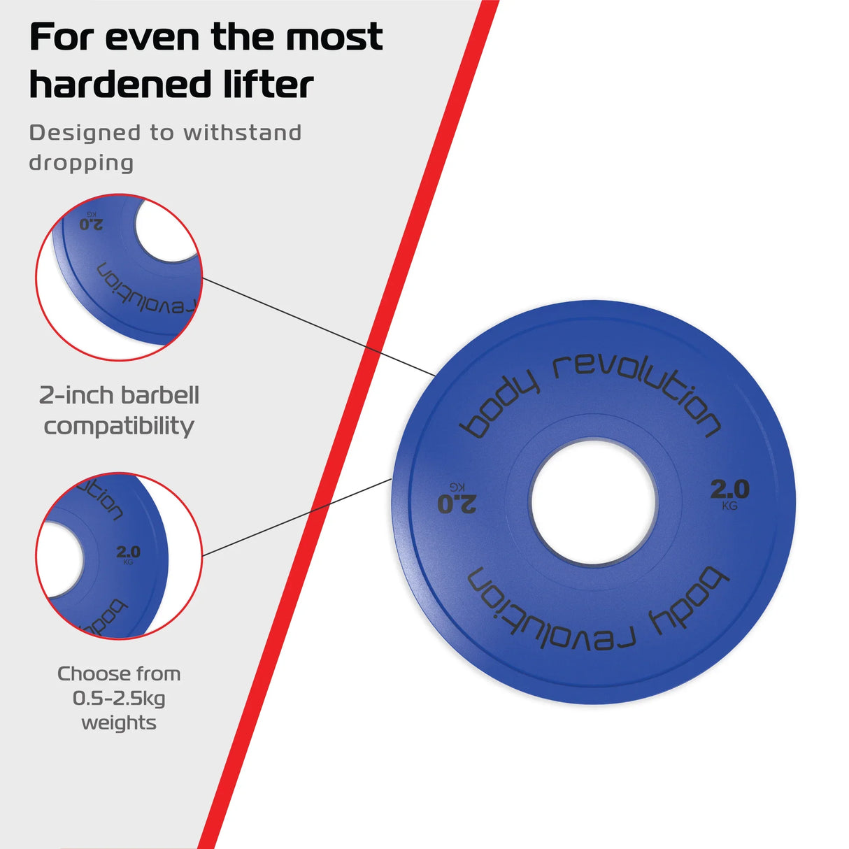 Blue 2kg fractional bumper plate with a smooth surface, designed for 2-inch barbells, featuring a central hole for easy handling