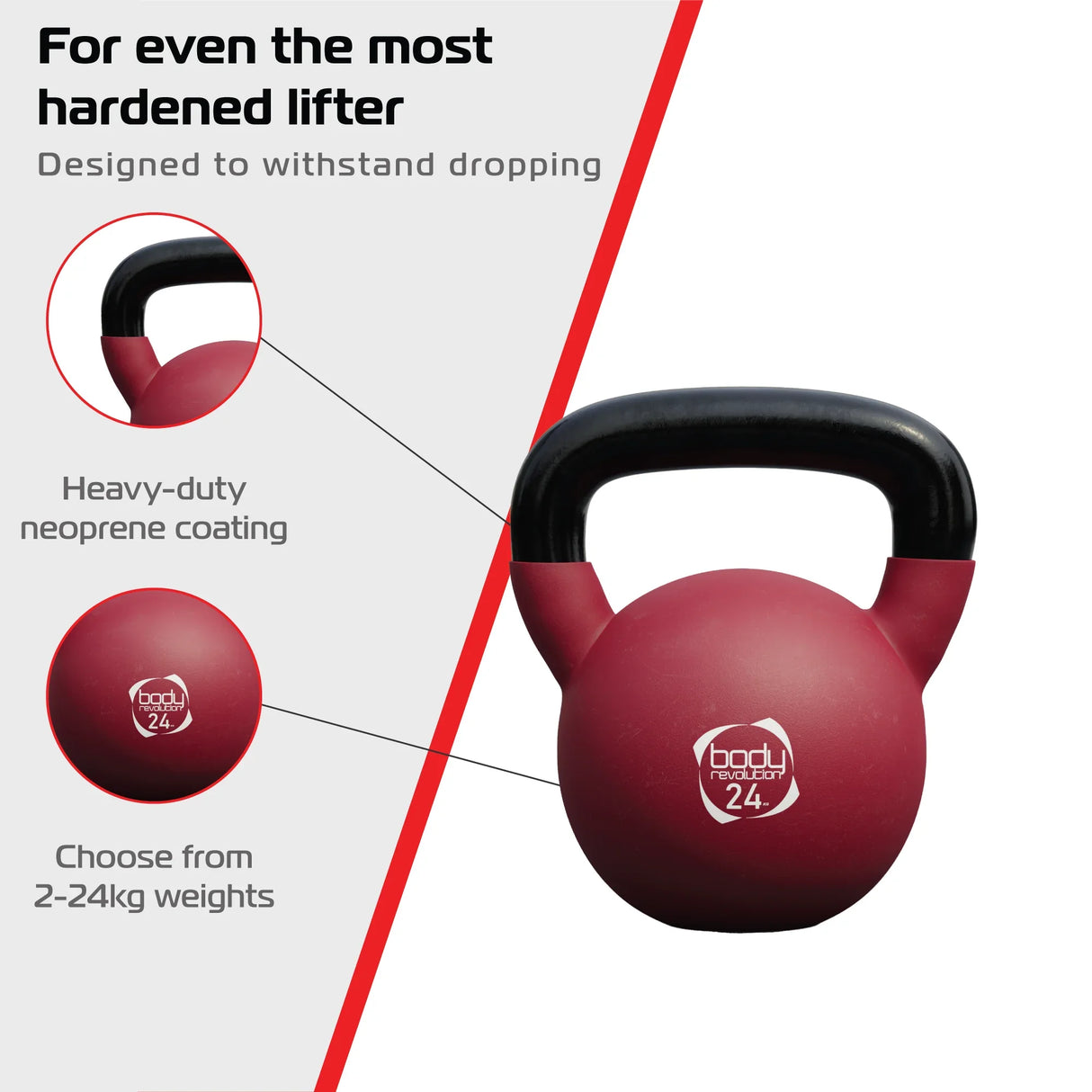 24kg red neoprene kettlebell with a sturdy black handle, designed for durability and heavy lifting, ideal for strength training