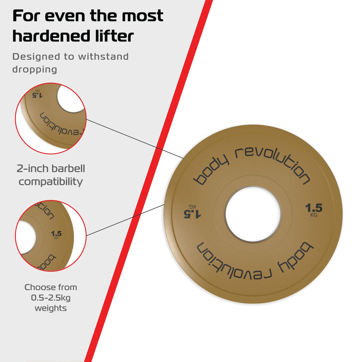 Gold 1.5kg fractional bumper plate with a 2-inch center hole, designed for durability and compatibility with standard barbells