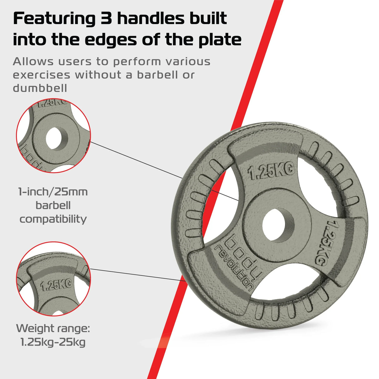 2x 1.25kg cast iron weight plates with tri-grip handles, designed for 1-inch standard bars, ideal for versatile workouts