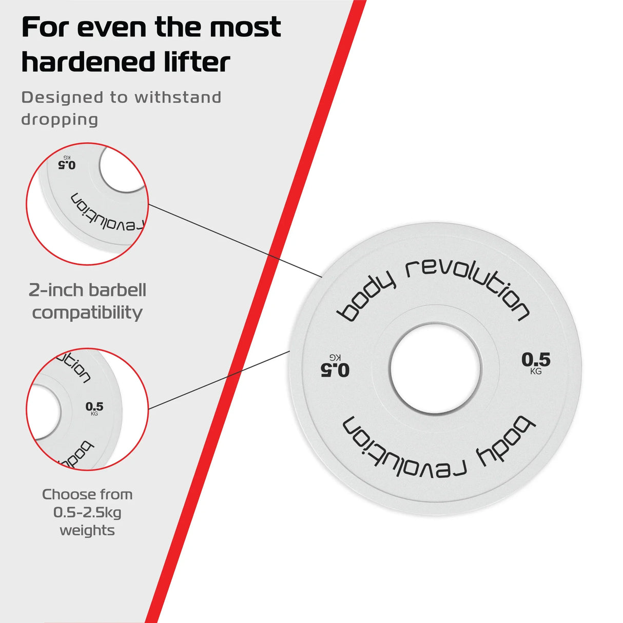 White 0.5kg fractional bumper plate with a central hole for 2-inch bars, featuring durable material and clear weight markings