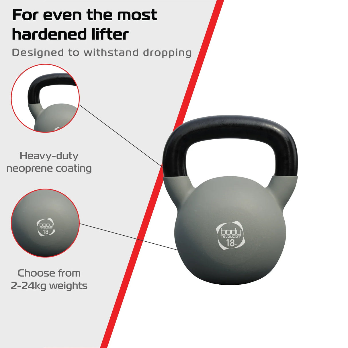 Body Revolution 18kg kettlebell with heavy-duty neoprene coating, ergonomic handle, and durable design for intense workouts
