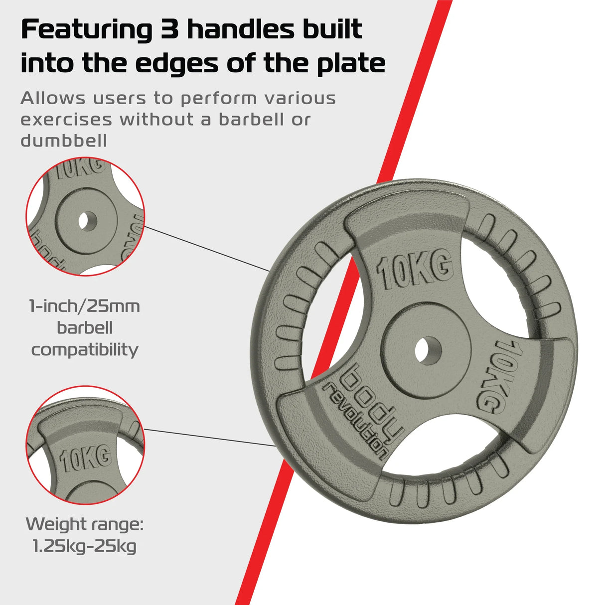 10kg cast iron weight plate with tri-grip handles, designed for 1-inch barbell compatibility and versatile workouts