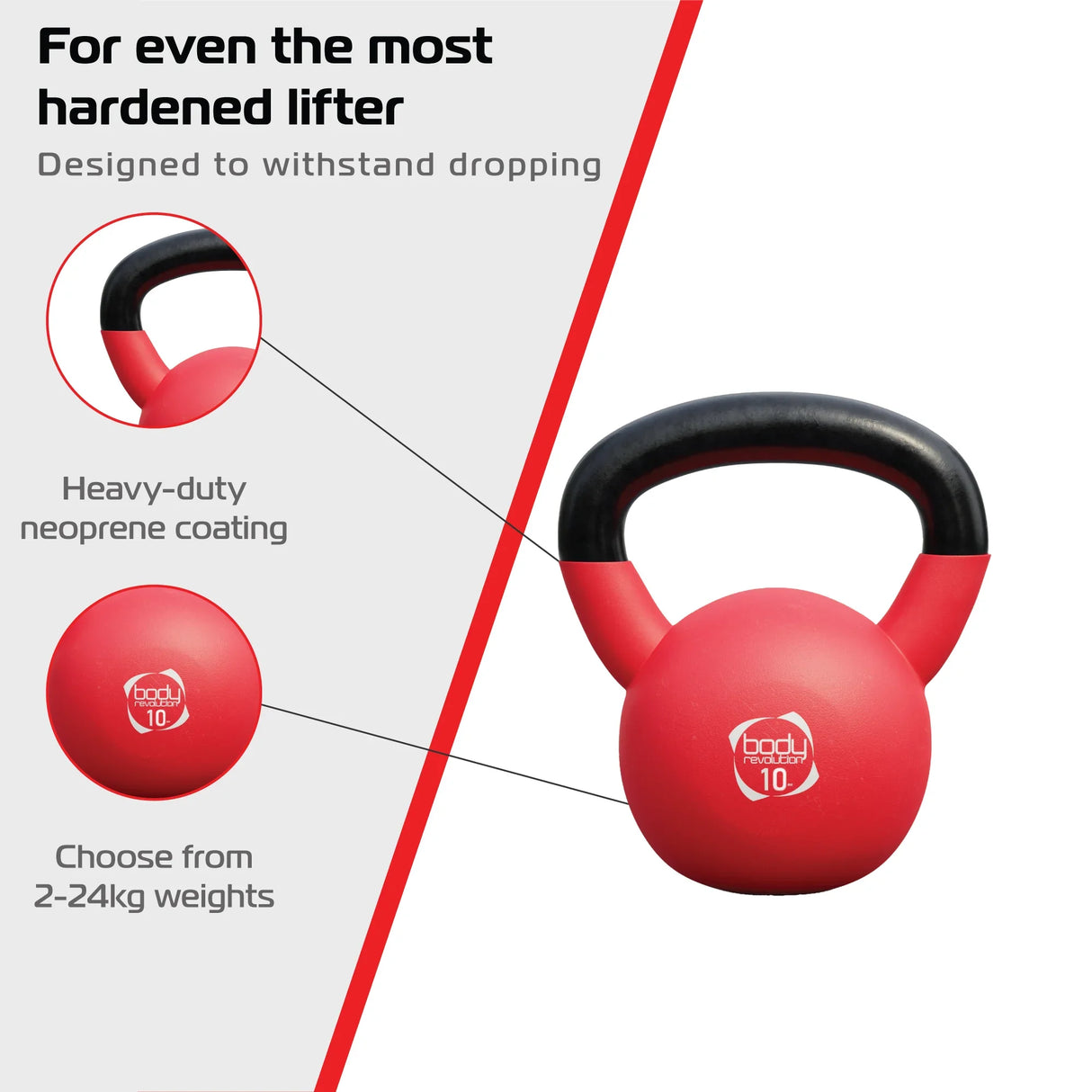 Red 10kg neoprene kettlebell with a black handle, designed for durability and easy grip, ideal for strength training workouts