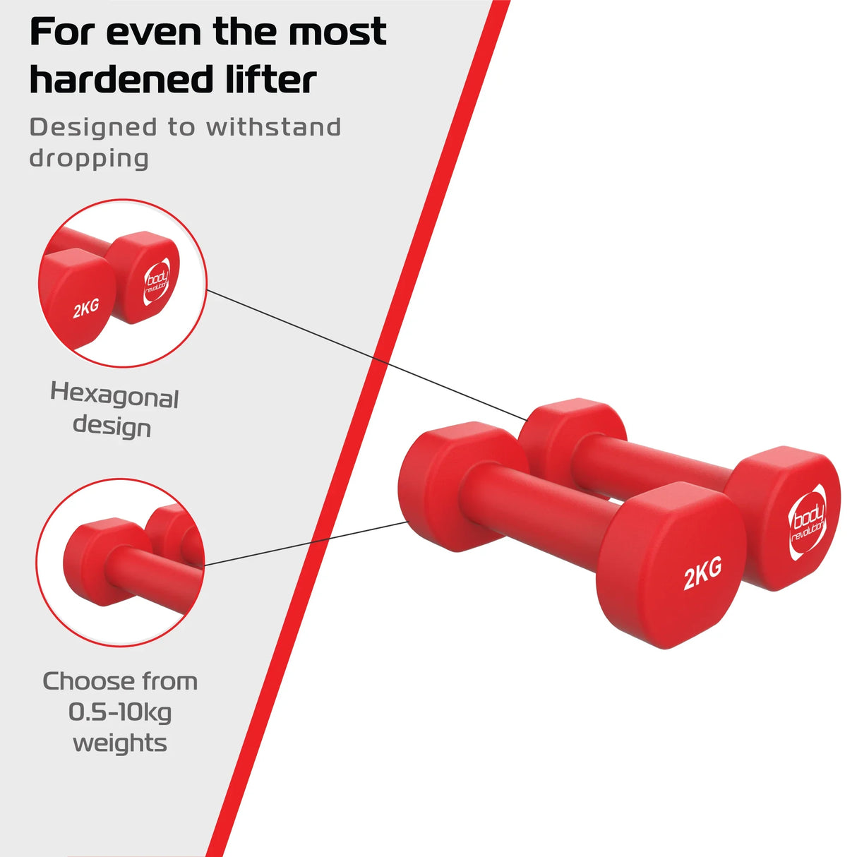 Red 2KG neoprene dumbbells with a hexagonal design, ideal for weight training, featuring a durable, non-slip grip for comfort