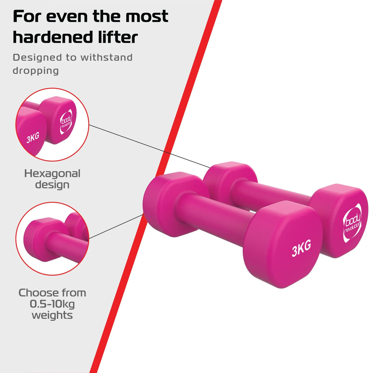 Bright pink 3KG neoprene dumbbells with a hexagonal design, ideal for weight training and resistant to dropping, perfect for home workouts