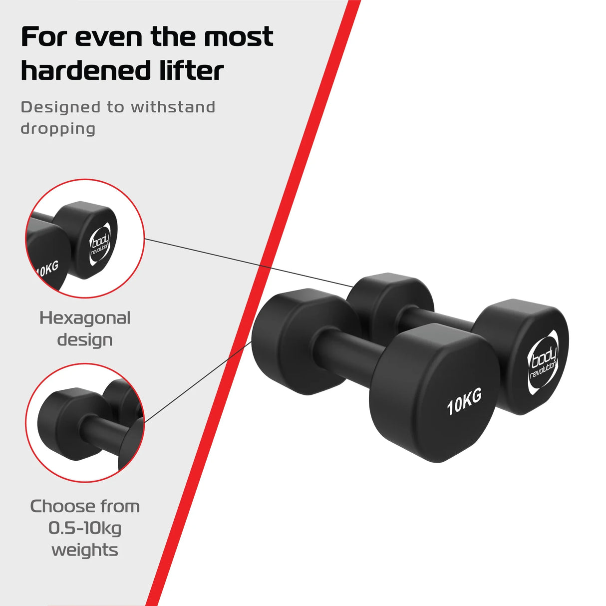 Black 10KG neoprene dumbbell with hexagonal shape, designed for durability and easy grip, ideal for strength training workouts