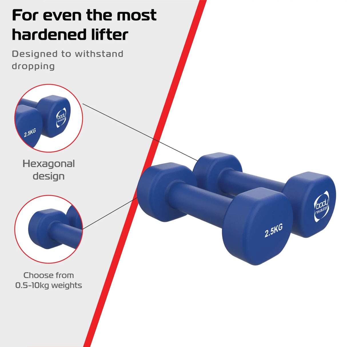 Blue 2.5KG neoprene dumbbells with a hexagonal design, ideal for weight training, featuring a textured grip for comfort