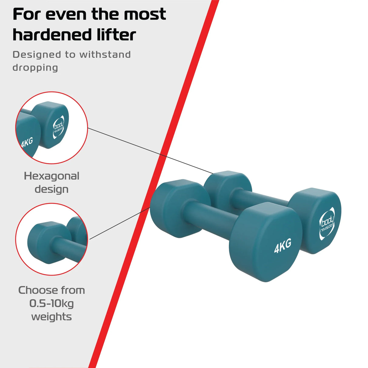 Neoprene 4KG dumbbells in teal with a hexagonal design, ideal for weight training, featuring a durable, non-slip grip