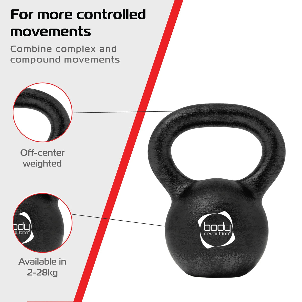 Black cast iron kettlebell with off-center weight design, featuring a sturdy handle for controlled movements, available in various weights