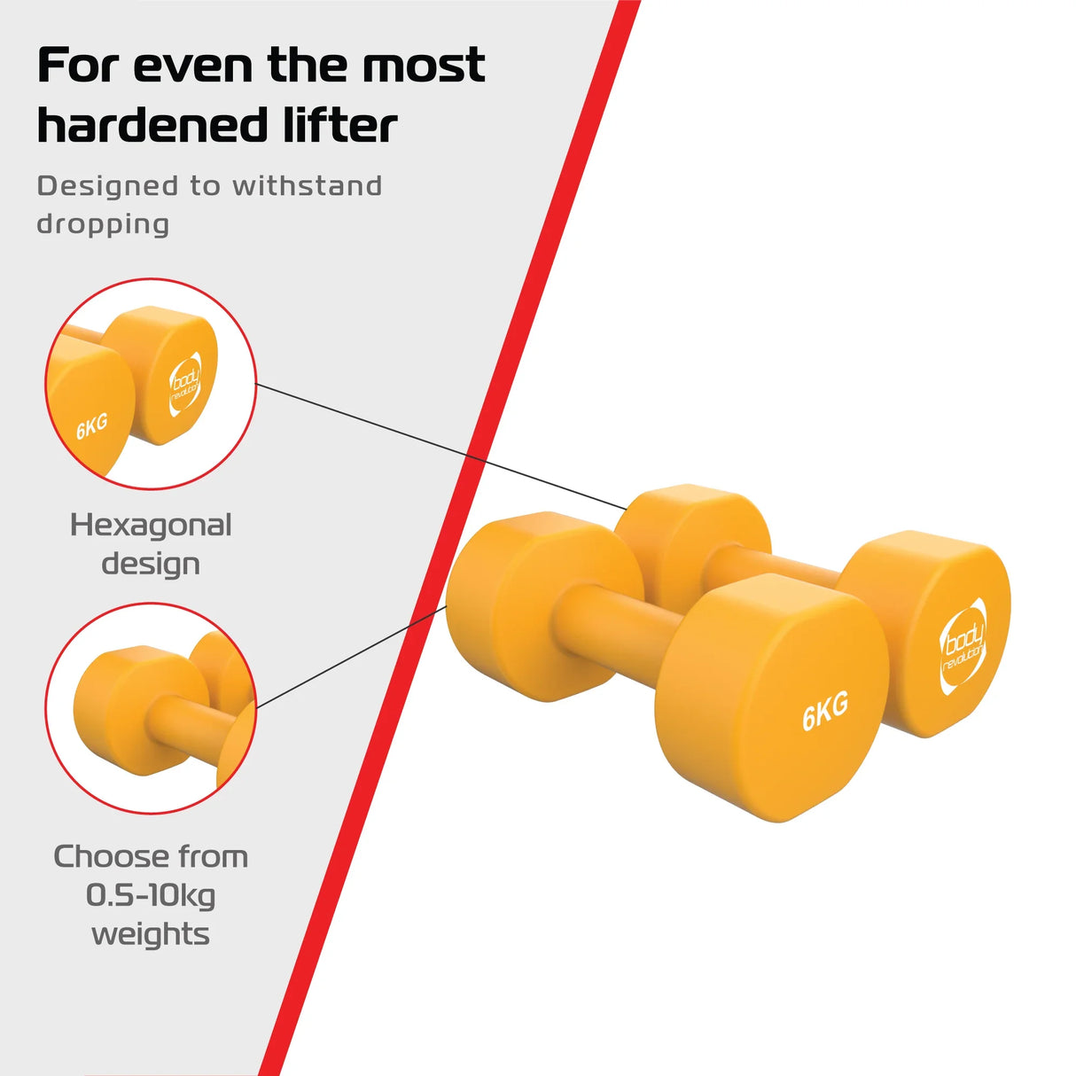Bright orange 6KG neoprene dumbbells with a hexagonal design, ideal for weight training and resistant to dropping
