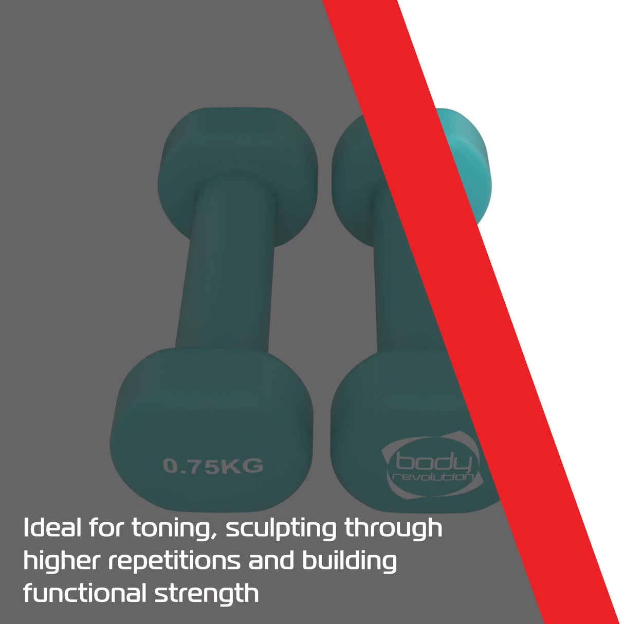 Bright teal 0.75KG neoprene dumbbells with a textured grip, perfect for toning and sculpting during workouts