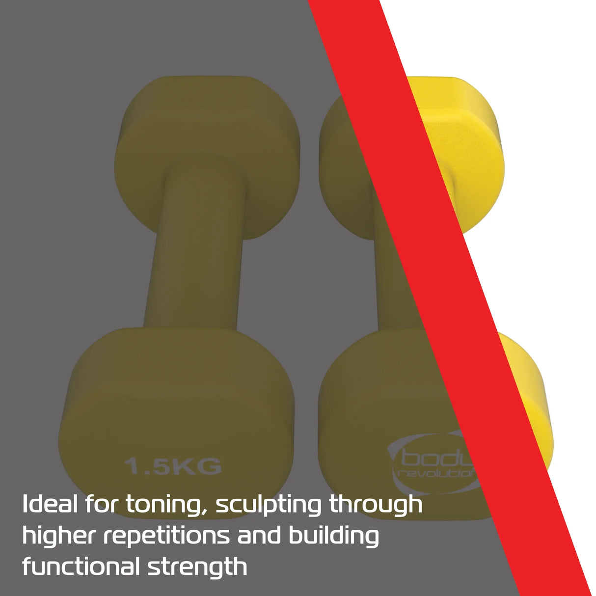 Bright yellow 1.5KG neoprene dumbbells with a smooth texture, ideal for toning and building functional strength in workouts
