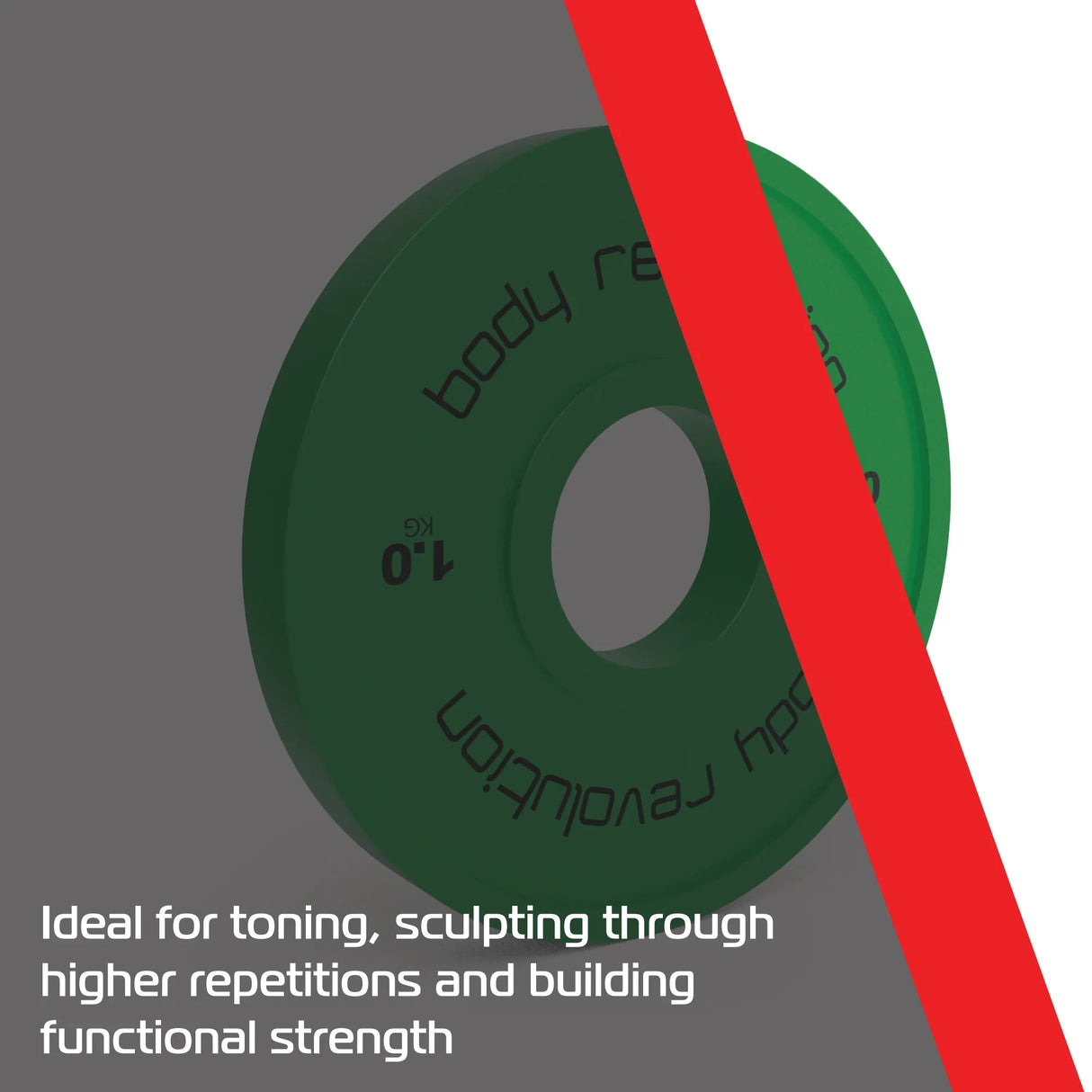 Green 1kg fractional bumper plate with textured surface, designed for toning and functional strength training, featuring clear weight markings