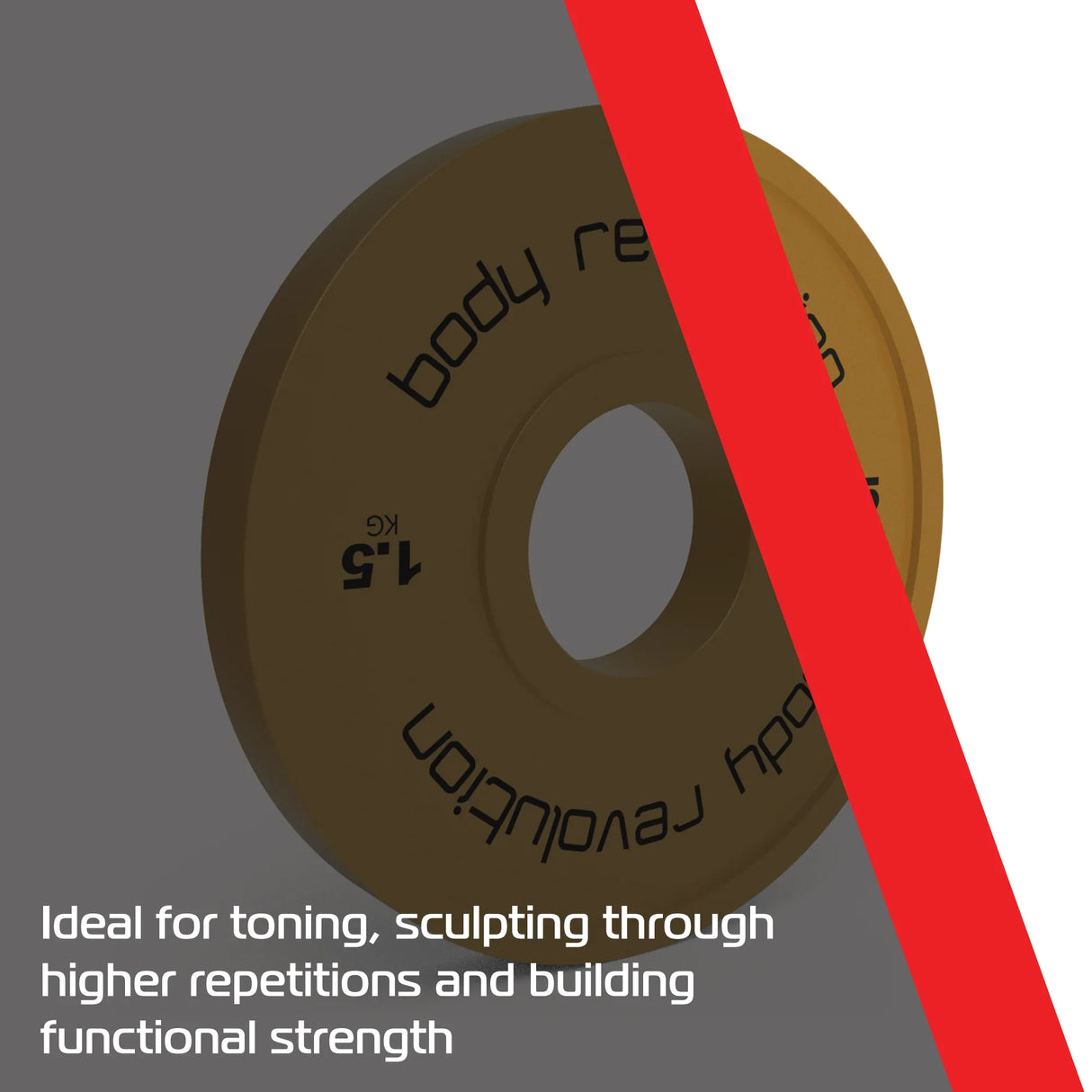 2 x 1.5kg fractional bumper plates in gold with a textured surface, designed for toning and functional strength training