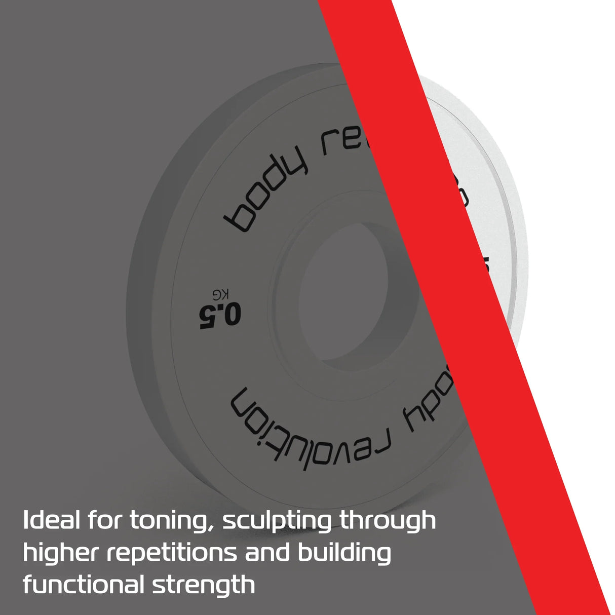 2 x 0.5kg fractional bumper plates in white with black text, designed for toning and functional strength training