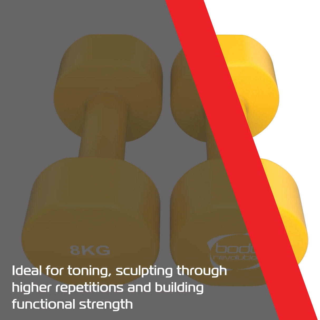 Bright yellow 8KG neoprene dumbbells with a smooth texture, perfect for toning and sculpting during workouts
