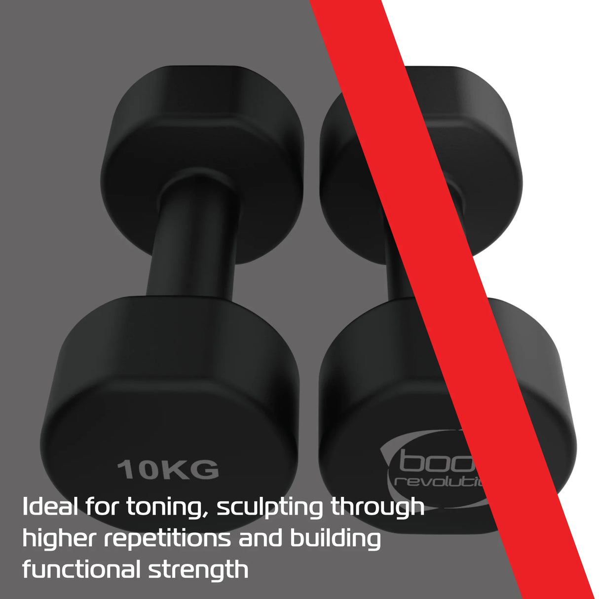 Black 10KG neoprene dumbbells with hexagonal shape, designed for toning and sculpting, featuring a textured grip for stability