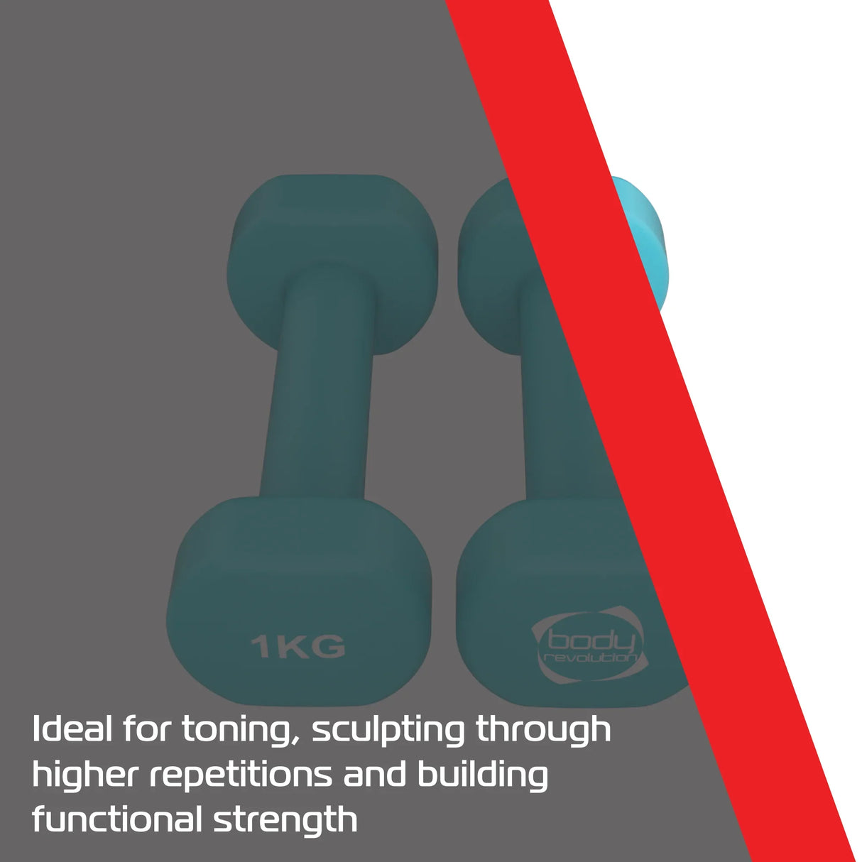 Bright turquoise 1KG neoprene dumbbells with a smooth texture, ideal for toning and sculpting during workouts