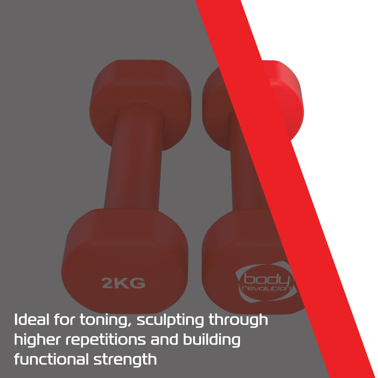 Red 2KG neoprene dumbbells featuring a textured grip, ideal for toning and sculpting during workouts, enhancing functional strength