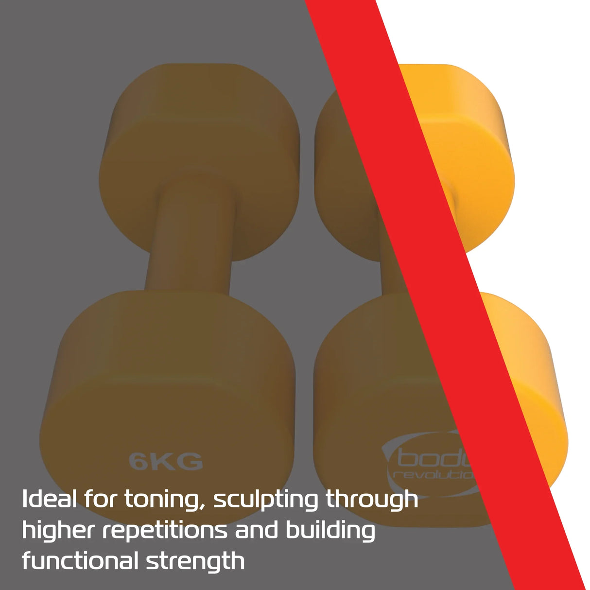 Bright orange 6KG neoprene dumbbells with hexagonal shape for secure grip, perfect for toning and functional strength training
