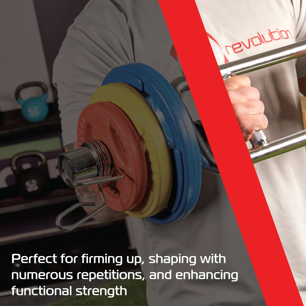20kg tri grip color rubber Olympic weight plates in blue, yellow, and red, showcasing textured grip and durable design