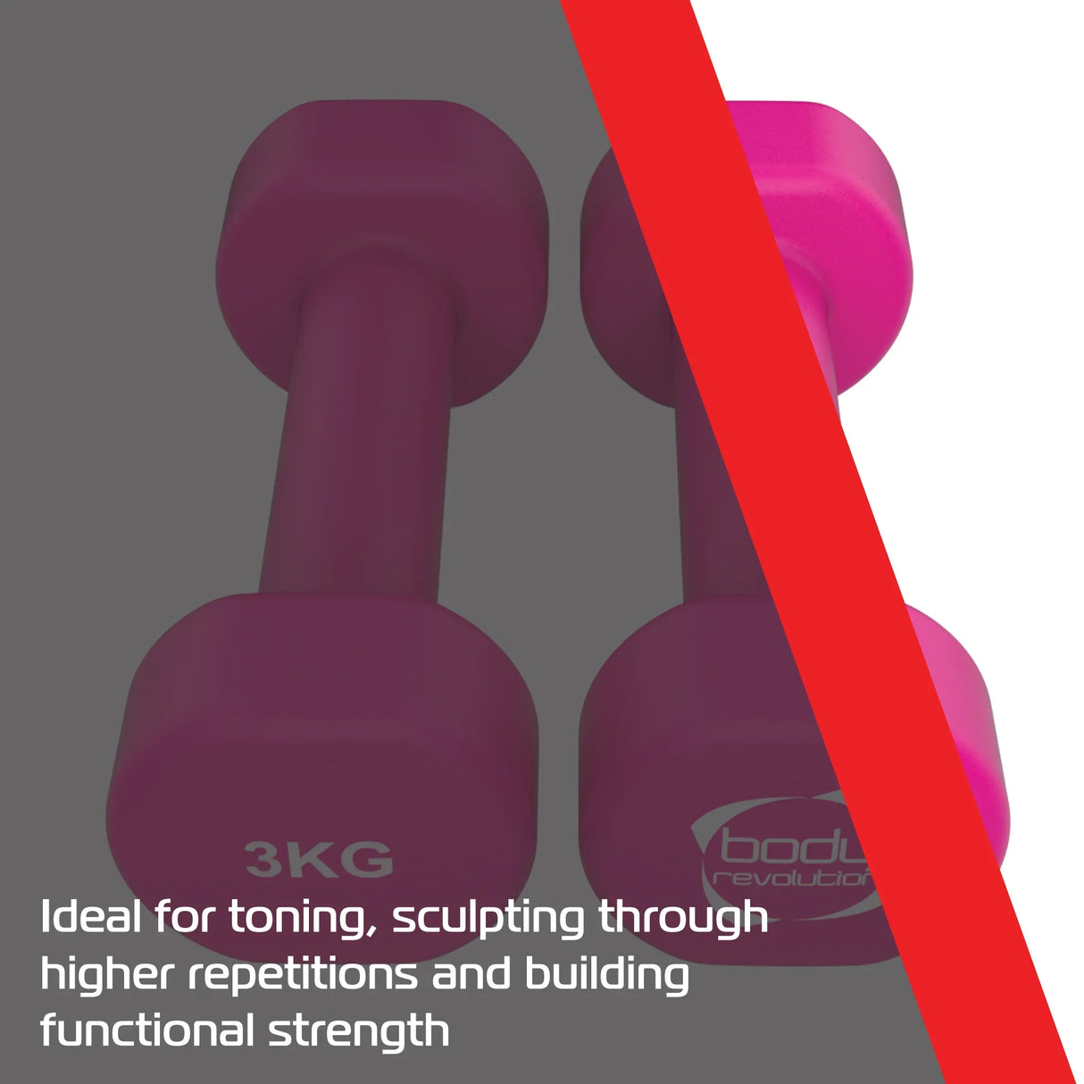 Bright pink 3KG neoprene dumbbells with textured grip, ideal for toning and building functional strength through higher repetitions