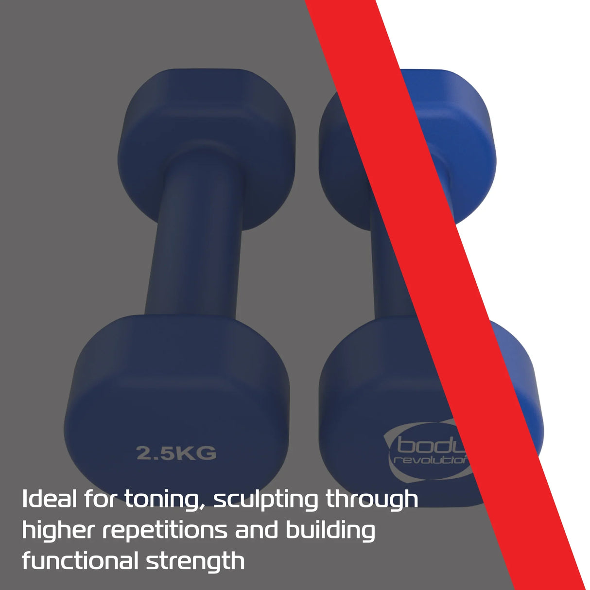 Blue 2 x 2.5KG neoprene dumbbells with a textured grip, ideal for toning and building functional strength through higher repetitions