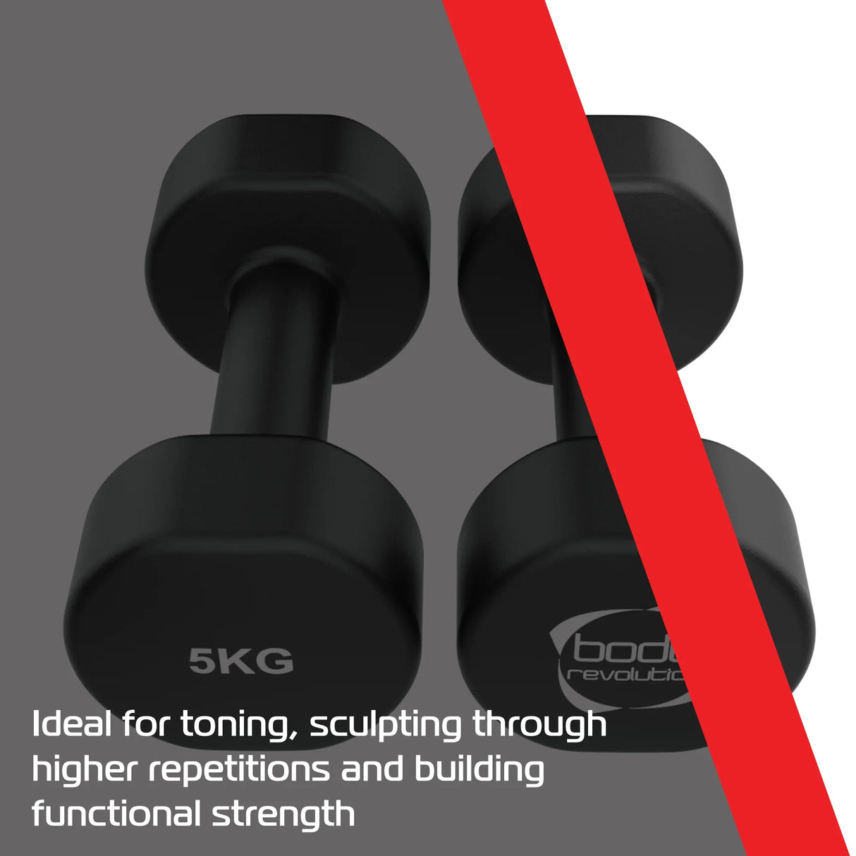 Black 5KG neoprene dumbbells with hexagonal shape, ideal for toning and sculpting, featuring a textured grip for comfort