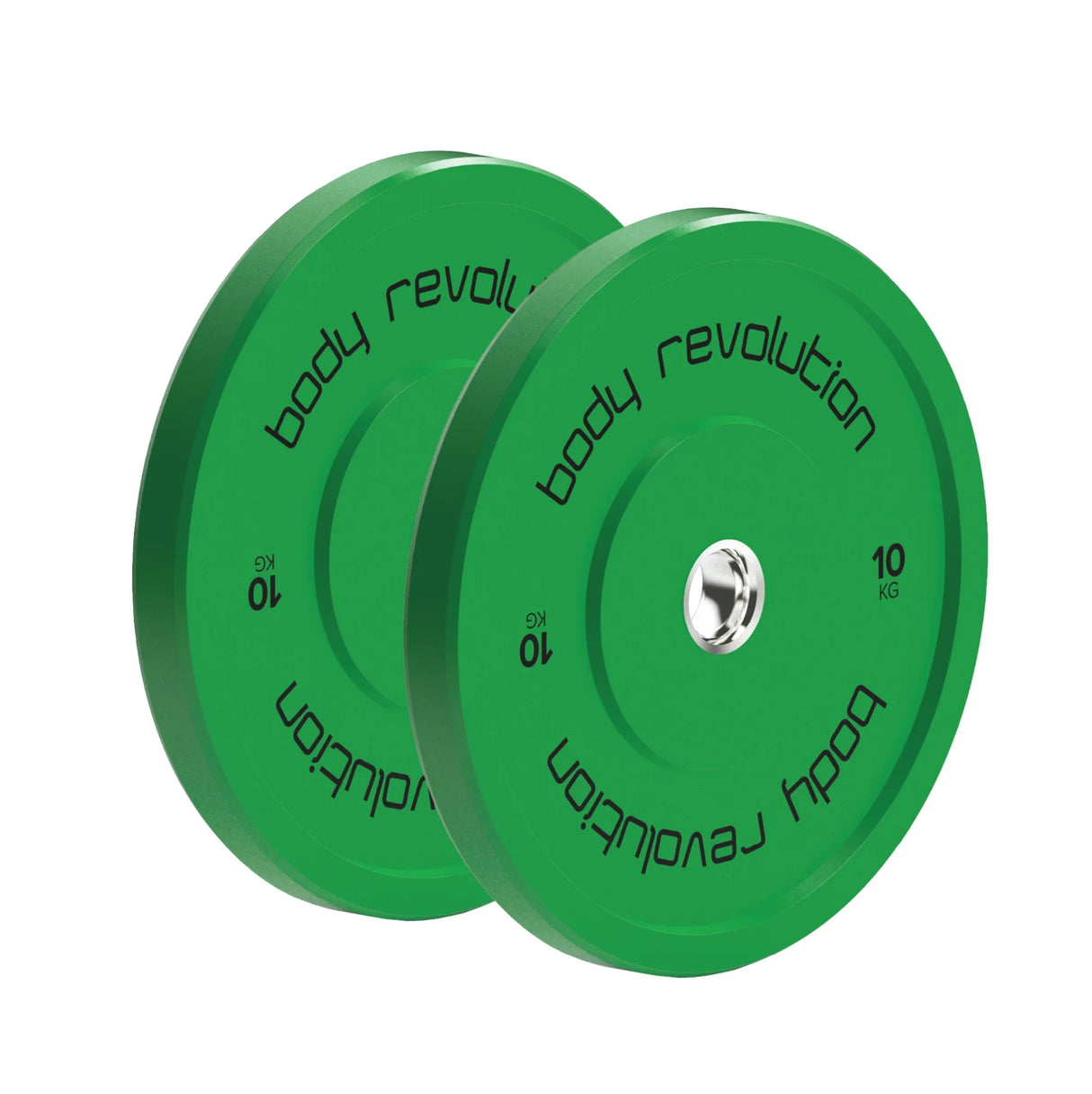 Body Revolution 100kg Bundle Olympic coloured bumper plates in vibrant green, featuring a durable rubber texture and clear weight markings