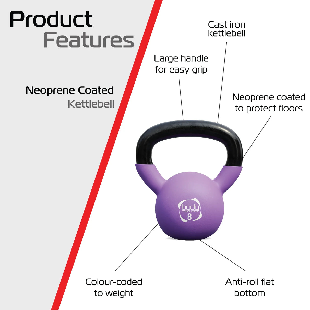 Purple 8kg neoprene kettlebell with a large handle, anti-roll flat bottom, and protective coating for floors, ideal for workouts