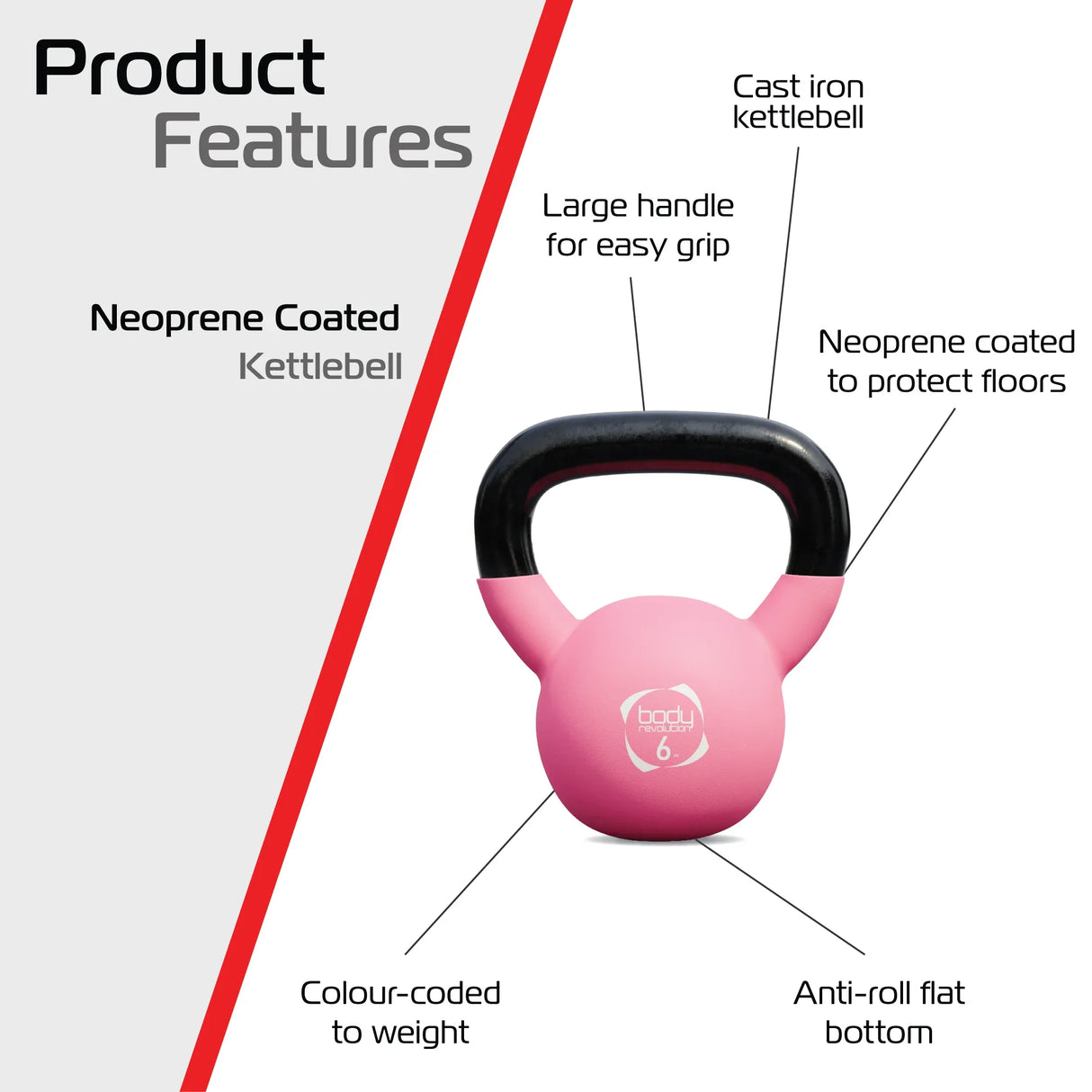 Neoprene-coated pink 24kg kettlebell with a large handle for easy grip, anti-roll flat bottom, and color-coded weight for convenience