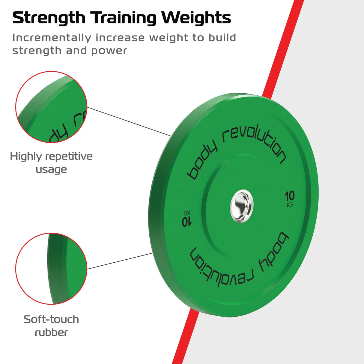 Body Revolution 30kg Olympic bumper plate in vibrant green, made of soft-touch rubber, designed for strength training and durability